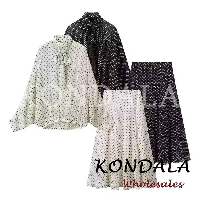 KONDALA Chic Ensemble Décontracté Femme à Pois avec Nœud, Chemise Ample Élégante + Jupe Longue Midi
