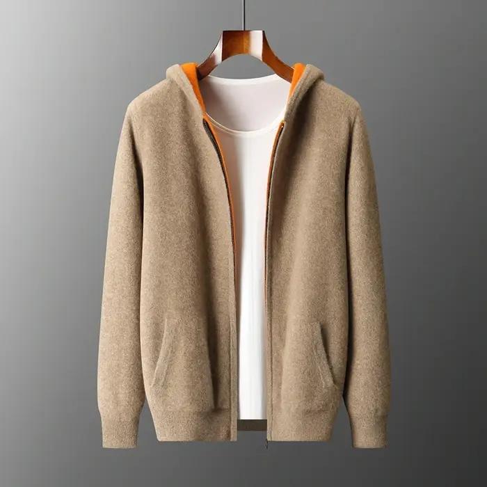 Épais à capuche hommes fermetures éclair Pure laine pull Cardigan automne hiver 100% laine tricots D