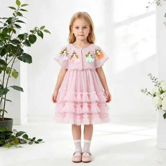 Robes et ensembles pour enfants, robe de princesse rose faite à la main avec fleurs 3D, robes d'anni