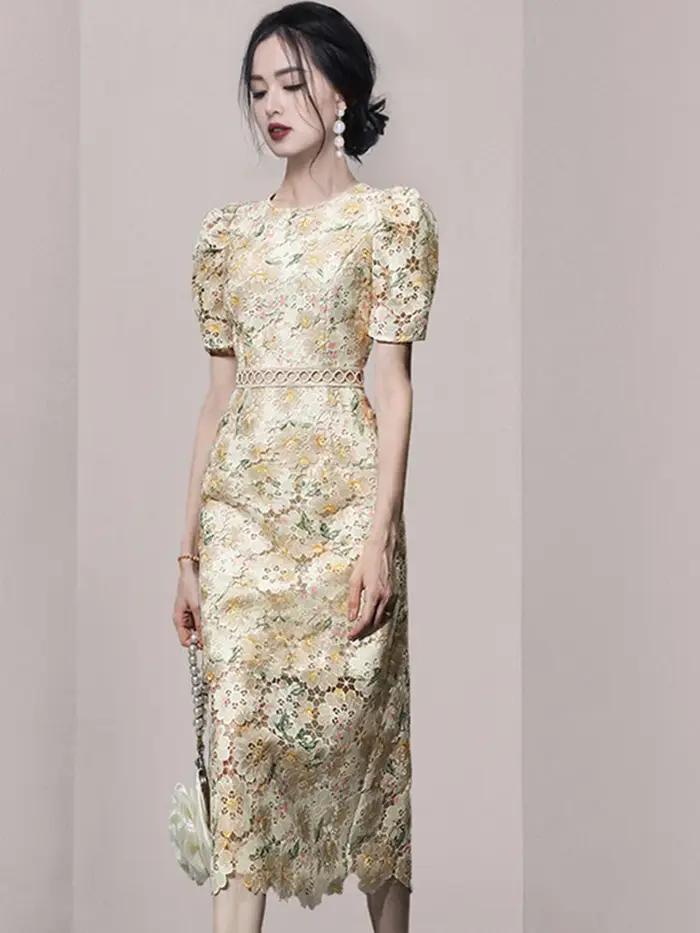 SMTHMA-Robe ajourée en dentelle brodée pour femme, manches courtes, vêtements féminins élégants, nou