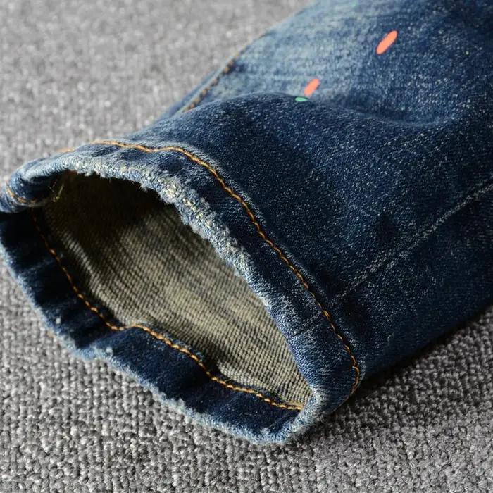 Jean Déchiré Rétro Bleu pour Homme, Pantalon de Motard en Denim, Slim Fit, Peint, Épissé, de Stylist