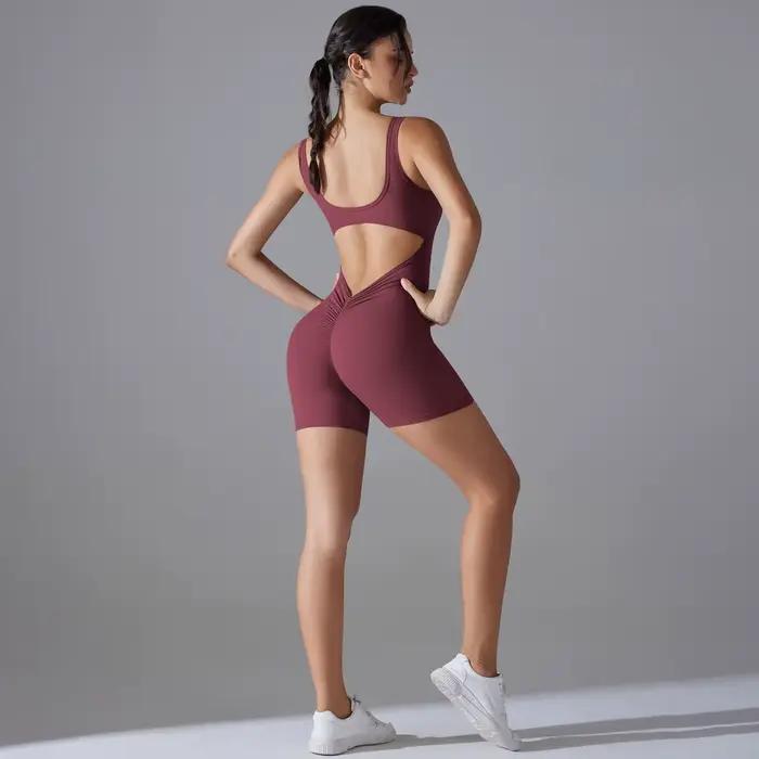 Nouveau V dos Scrunch sport combinaison femmes barboteuses de gymnastique sans manches vêtements de