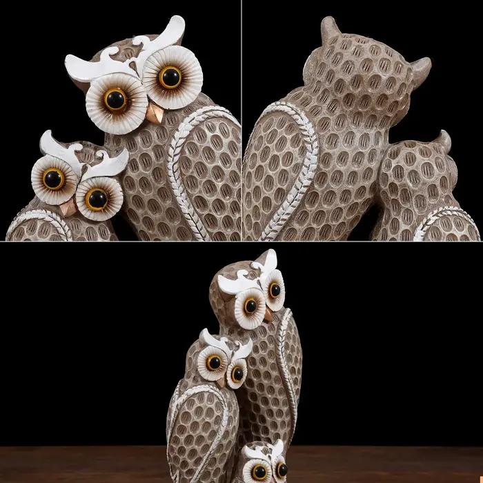Famille de trois statues de hibou mignonnes, décoration de maison, statues de hibou sur étagères, dé