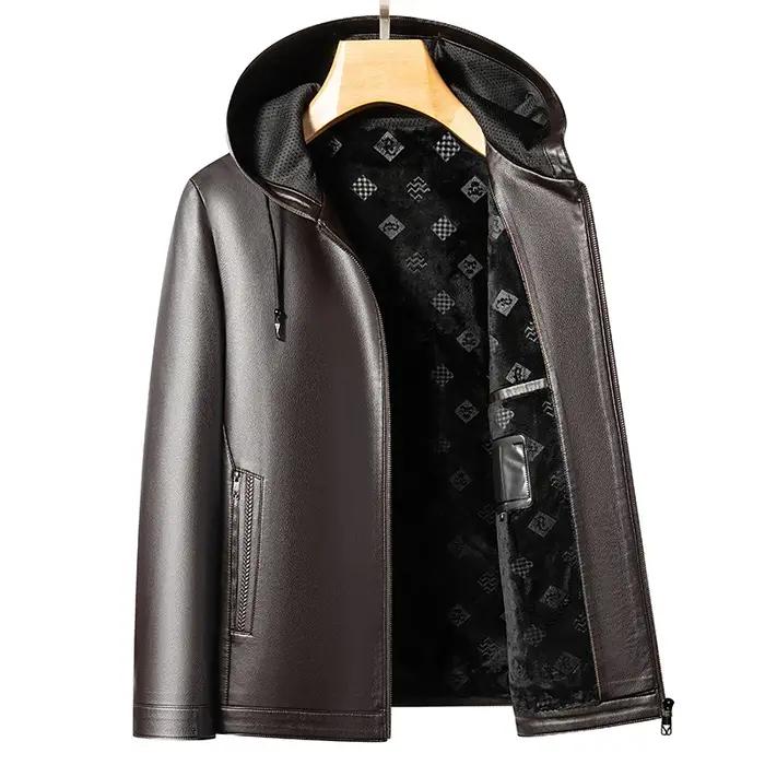YN-2583 nouvelle veste en cuir à capuche pour hommes printemps et automne haut mince hiver en peluch