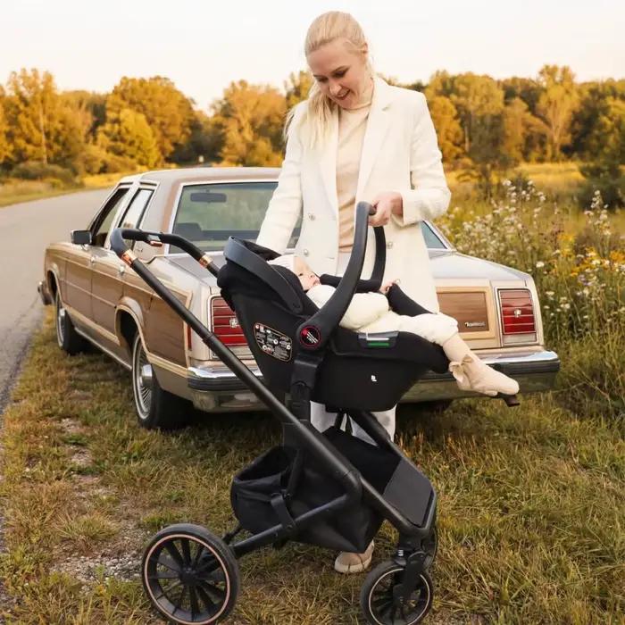 Poussette multifonctionnelle rose pour bébé, système de voyage, cadre léger pliable gris avec siège