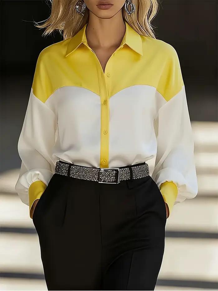 Chemise à manches longues pour femme, col rabattu, bouton, bloc de couleur, patchwork, décontractée,