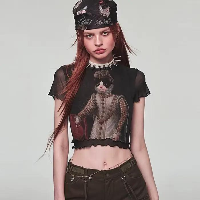 Y2K-T-shirt à manches courtes en maille de dentelle pour femmes, haut court imprimé chat, transparen