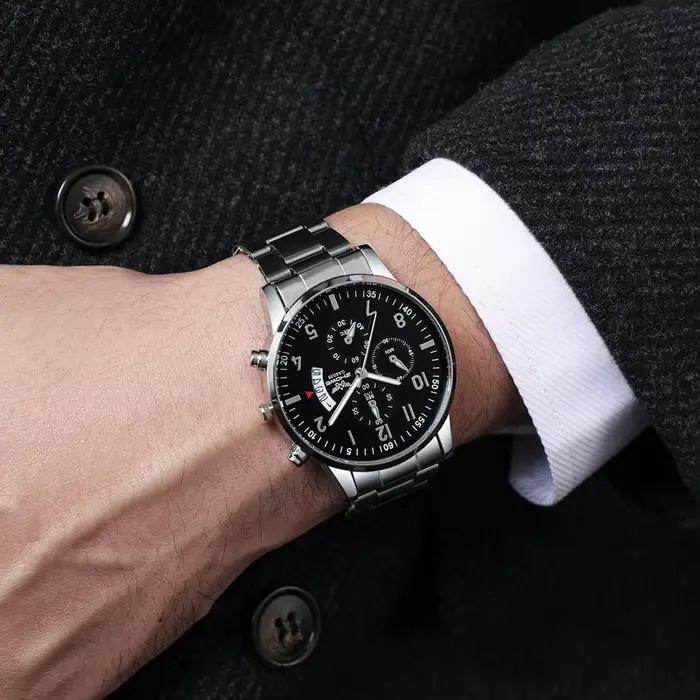 Montre de luxe pour hommes, 1 pièce, mode calendrier d'affaires, ceinture en acier, cadeau de noël,