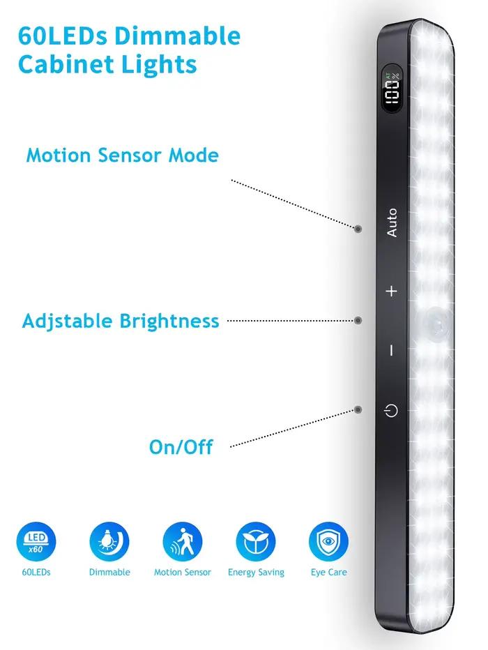 Lumières d'armoire WILLED, affichage de batterie Rechargeable, 60 LED, capteur de mouvement, lumière
