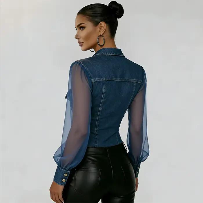 Chemisier vintage en jean et maille transparente pour femme, à manches longues, boutonné, col à reve