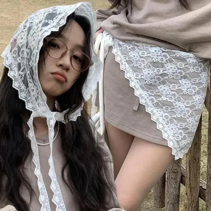 Femmes coréennes dentelle Triangle une pièce ceinturée chevauchement foulard jupe en dentelle tablie