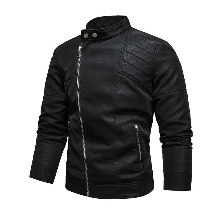 Veste en cuir PU pour hommes, avec polaire, grand revers, fermeture éclair diagonale sur le devant,