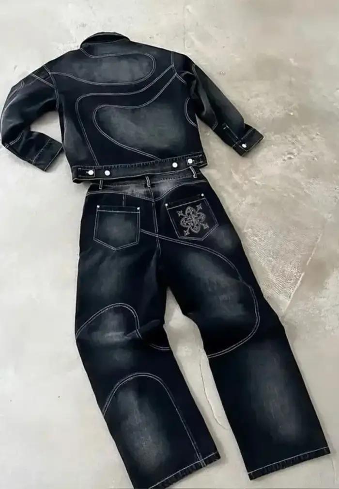 Patch Jeans Veste brodée à rayures rétro Ensemble deux pièces Costume Y2k pour hommes Harajuku hipho