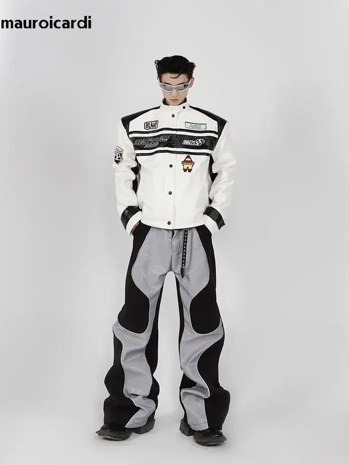 Mauroicardi-Pantalon en cuir PU patchwork doux pour hommes, vêtements de créateur de luxe, long et c