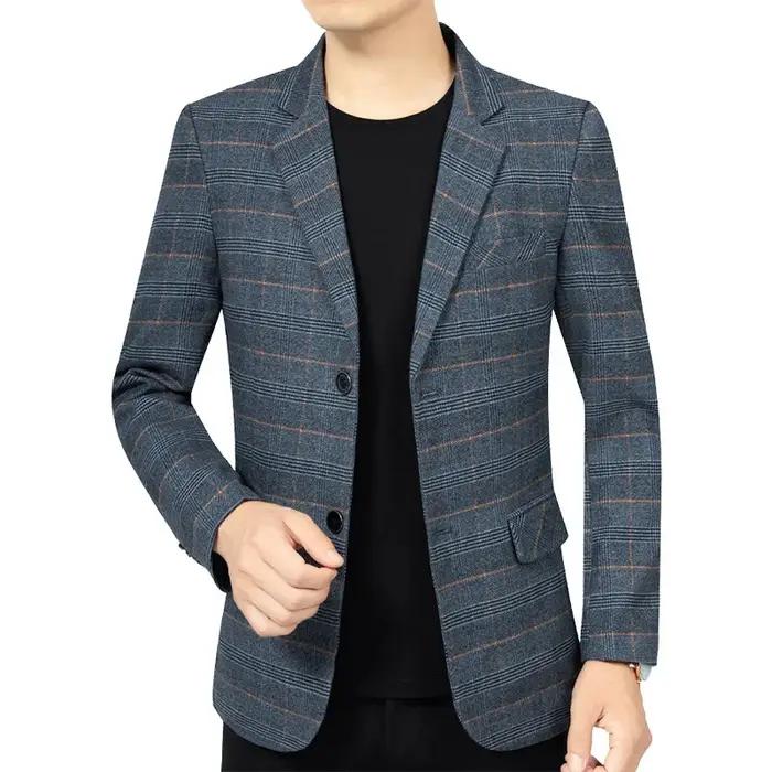 Blazer Homme Automne Tendance Rayé Contraste de Couleurs Veste de Costume Masculine Col Rabattu Manc