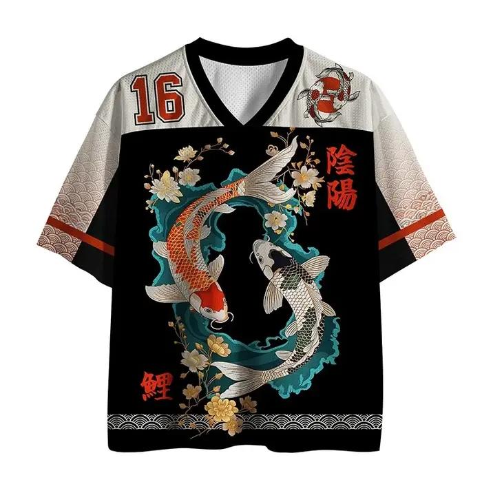 T-shirt d'été 2026 à col en V, motif carpes japonaises porte-bonheur, impression 3D, séchage rapide,