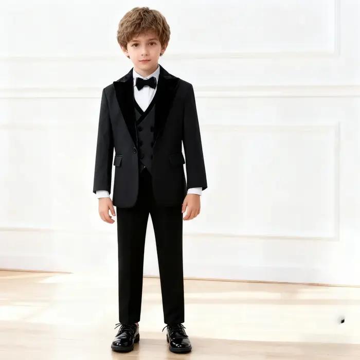 Ensemble de smoking élégant 4 pièces noir pour garçon : blazer, gilet, pantalon – Tenue de cérémonie