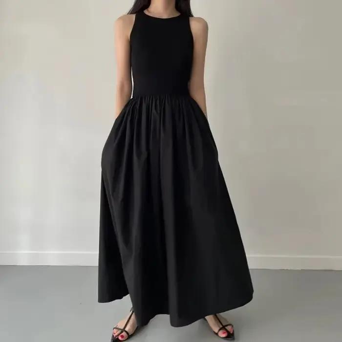 Robe longue noire Simple et élégante pour femmes, col rond, sans manches, taille haute, tempérament,