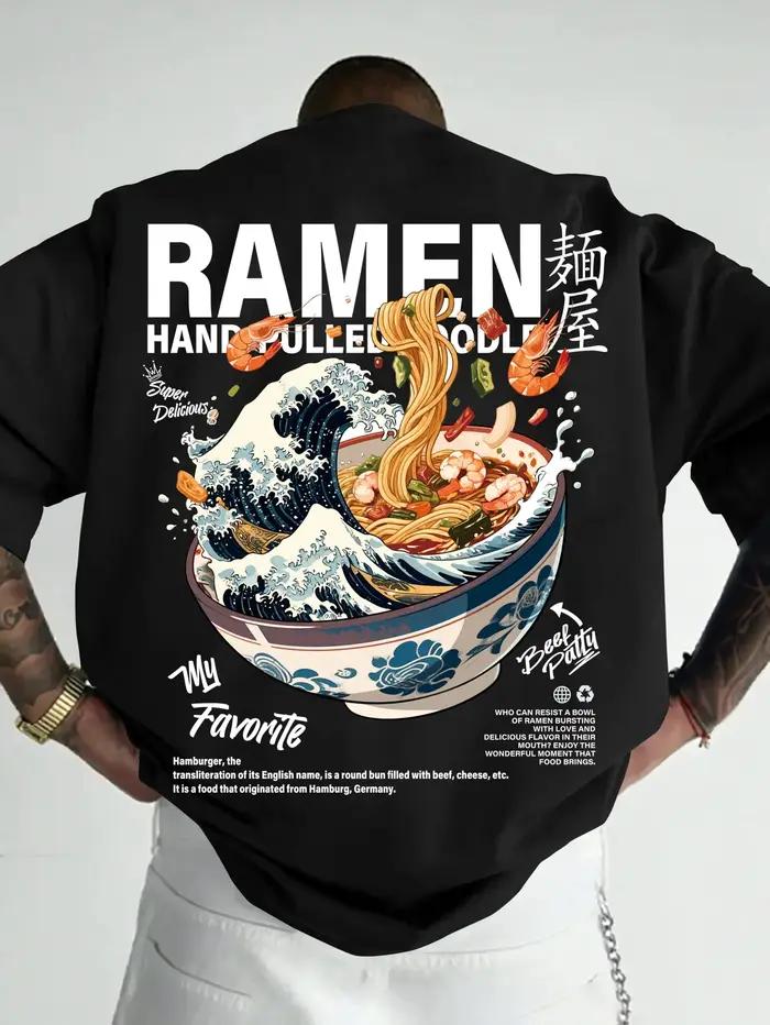 T-shirt décontracté pour homme, style streetwear, motif vagues japonaises et ramen, idéal pour le qu