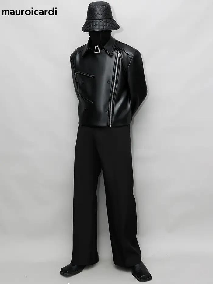 Mauroicardi-Veste en cuir PU pour homme, manches longues, col montant, vêtements de créateur de luxe