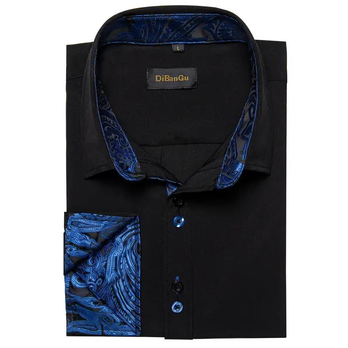Chemise à manches longues en polyester et coton pour hommes, chemises noires unies, patchwork cachem