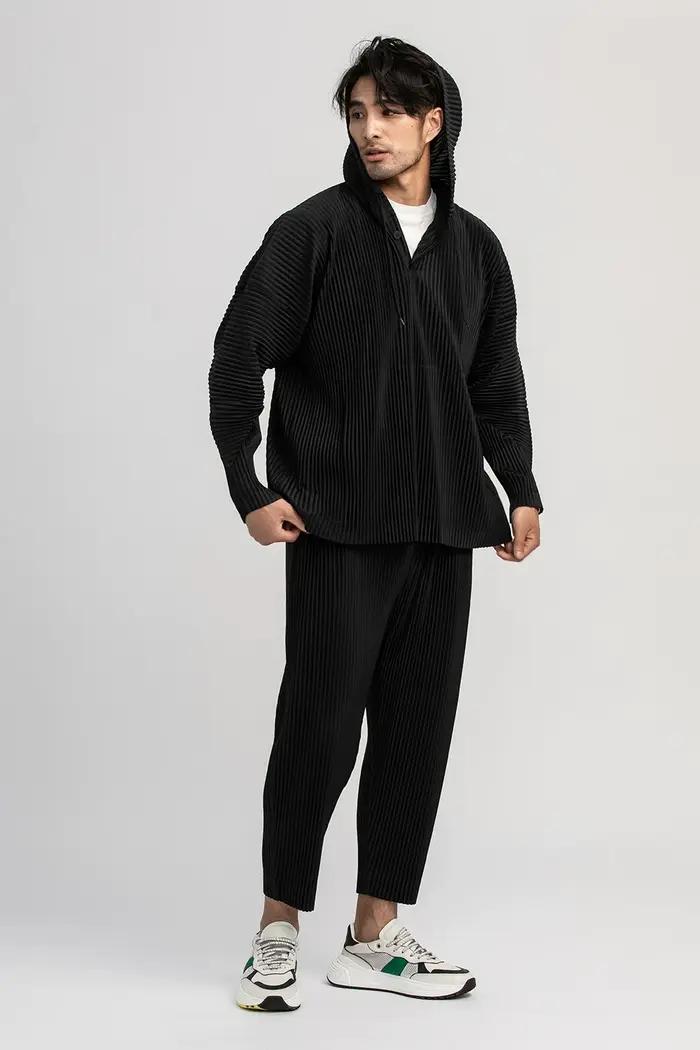 Miyake plissé pantalon droit hommes vêtements noir crayon pantacourt vêtements de rue hommes Style j