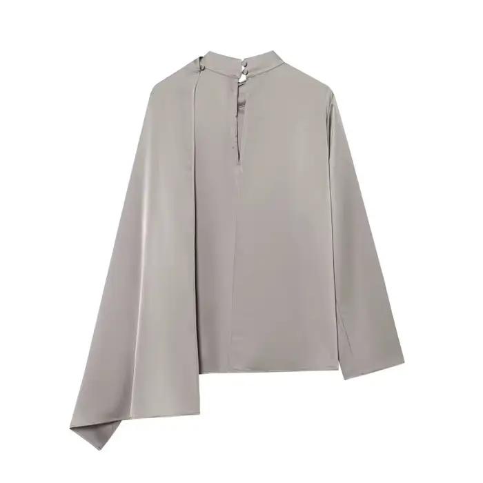ETJ 2026 printemps nouveau femmes élégant mode châle design satin drapé haut asymétrique froissé che