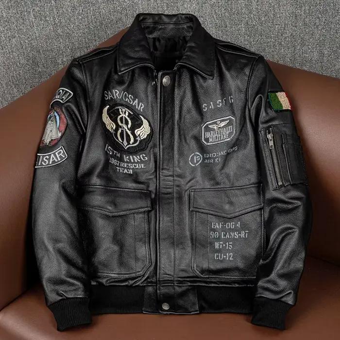 Blouson aviateur en cuir véritable brodé pour hommes, veste Air Force, manteau de moto, vêtements de