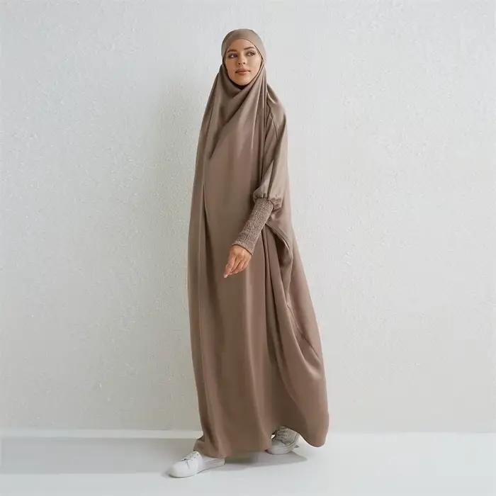 Abaya musulman à capuche manches smockées une pièce Robe de prière femmes Jilbab vêtements islamique