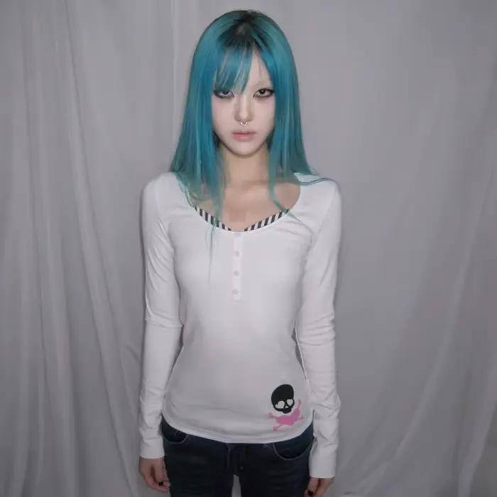 Karrcat Trashy Y2k T-shirt imprimé crâne Grunge esthétique faux deux pièces hauts Vintage années 200