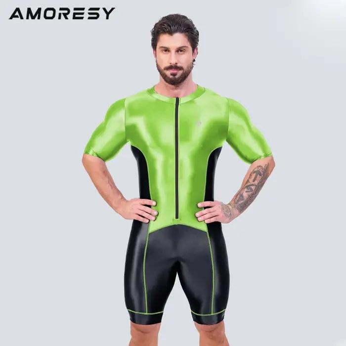 AMORESY hommes lisse Satin course Catsuit demi manches body Yoga sport cyclisme salopette survêtemen