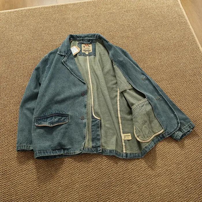 Style revers vêtements de travail rétro Fengshui lavage vieille veste en jean haut hommes pur coton
