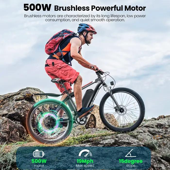 VTT Électrique de 26 Pouces avec 500W, Batterie Perfecto de 48V, 20MPH, Jusqu'à 50 Miles, Régulateur