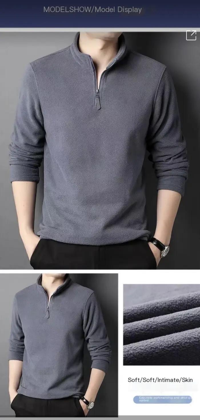 Polos chauds en laine d'agneau pour hommes, sweat-shirt, col montant, demi-fermeture éclair, manches