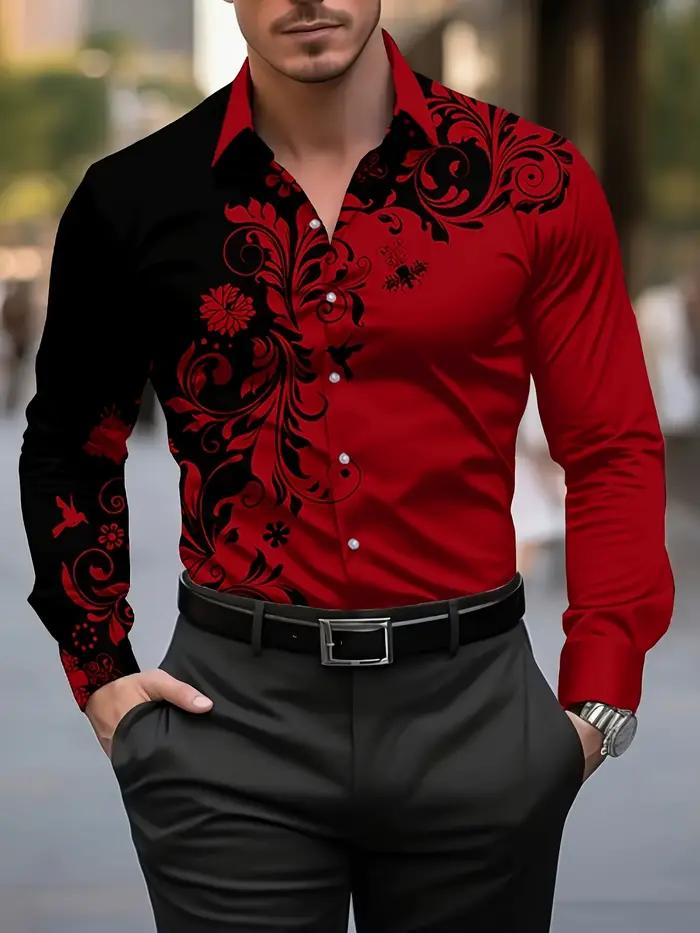 Chemise habillée élégante à imprimé floral rouge pour hommes - Chemise décontractée à manches longue