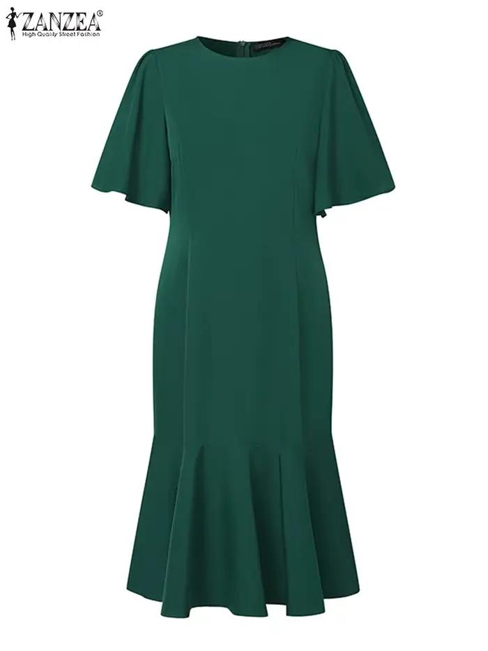ZANZEA – Robe sirène élégante pour femmes, mode, manches courtes, col rond, ourlet à volants, ajusté