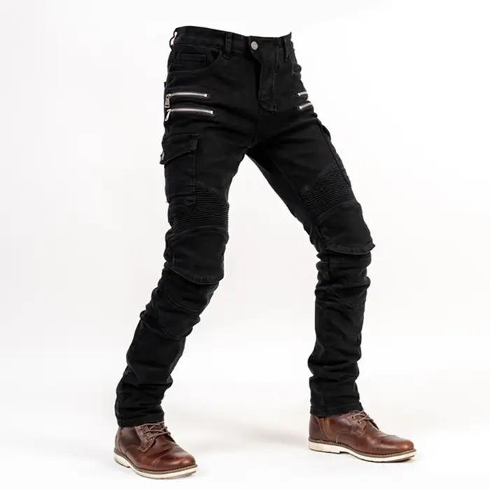 Jeans d'équitation de moto multi-poches pour hommes, pantalons d'équitation avec genouillères, denim