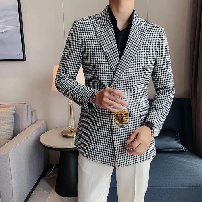 Blazer pied-de-poule de Style britannique pour hommes, coupe cintrée, à la mode, Double boutonnage,