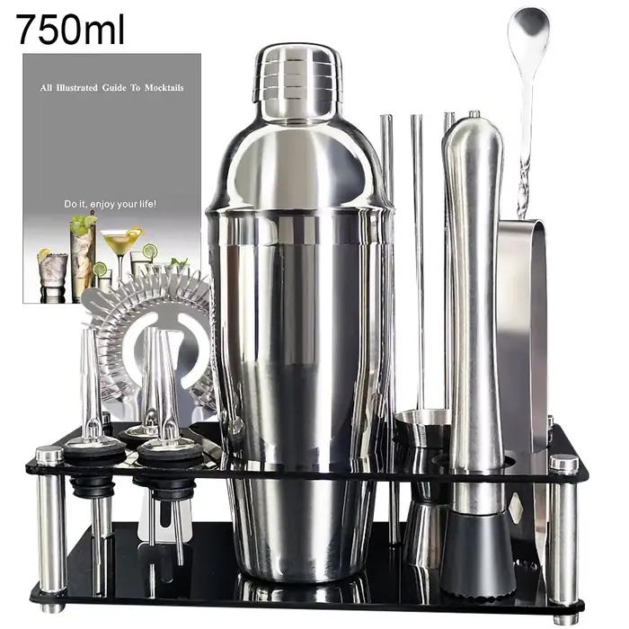 Ensemble de Shaker à Cocktail en Acier Inoxydable, Outils de Bar avec Support Noir, Shaker de 750ml,