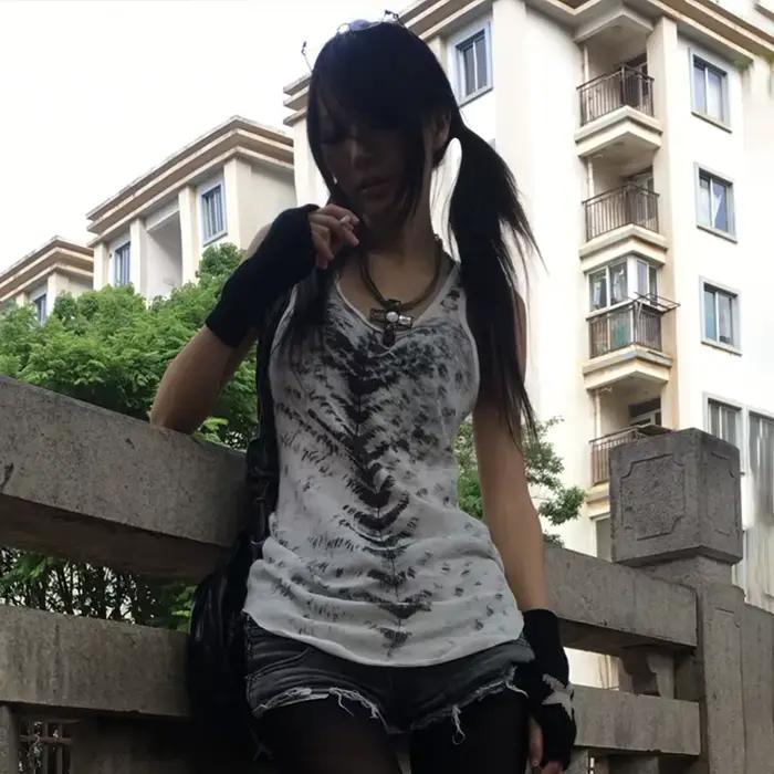 Karrcat Grunge Esthétique Tie Dye Débardeur Trashy 2000s Style Long Débardeur Japonais Y2k Haut Sans