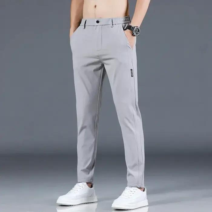 Pantalon fin en soie glacée pour hommes, extensible, décontracté, taille élastique, lisse, vêtements
