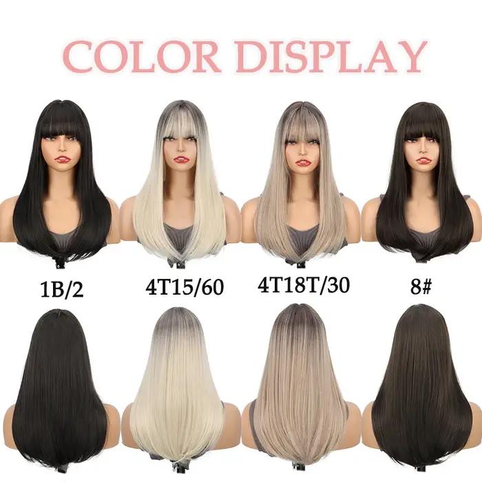Extensions de cheveux synthétiques à clips avec frange : postiche longue et droite haute température