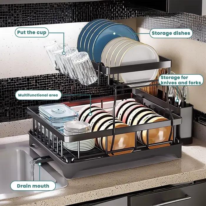 Support de rangement de cuisine, égouttoir à vaisselle à 2 niveaux avec bac d'égouttage et tapis d'é