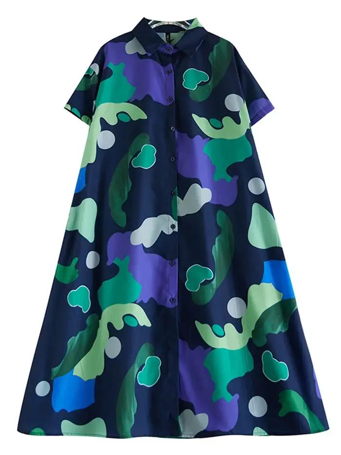 Robe chemise Vintage imprimée Patchwork pour femmes, manches courtes, ample, décontractée, mi-longue