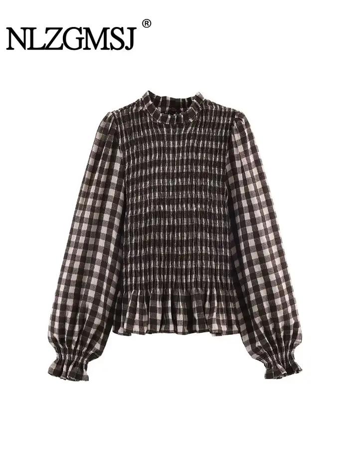 Nlzgmsj 2025 Vintage Chic marron chemises à carreaux femmes à manches longues Blouses pli mode décon