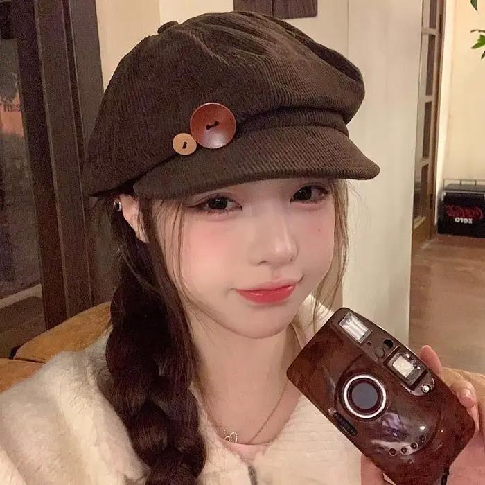 Béret Vintage en velours côtelé pour femmes, casquette octogonale à boutons coréens, chapeaux d'arti