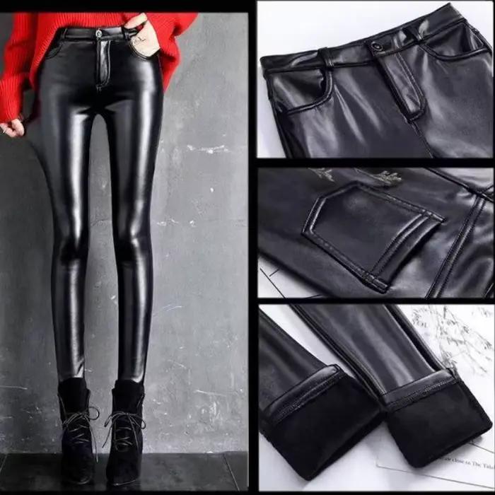 Pantalon en cuir PU en cachemire pour femme, épais et polaire, taille haute, Slim, serré, chaud, Leg
