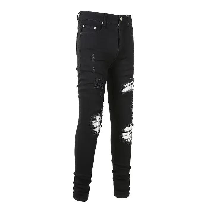 Jean de motard en cuir fissuré pour homme, pantalon en Denim Stretch, effilé, déchiré, Patchwork noi