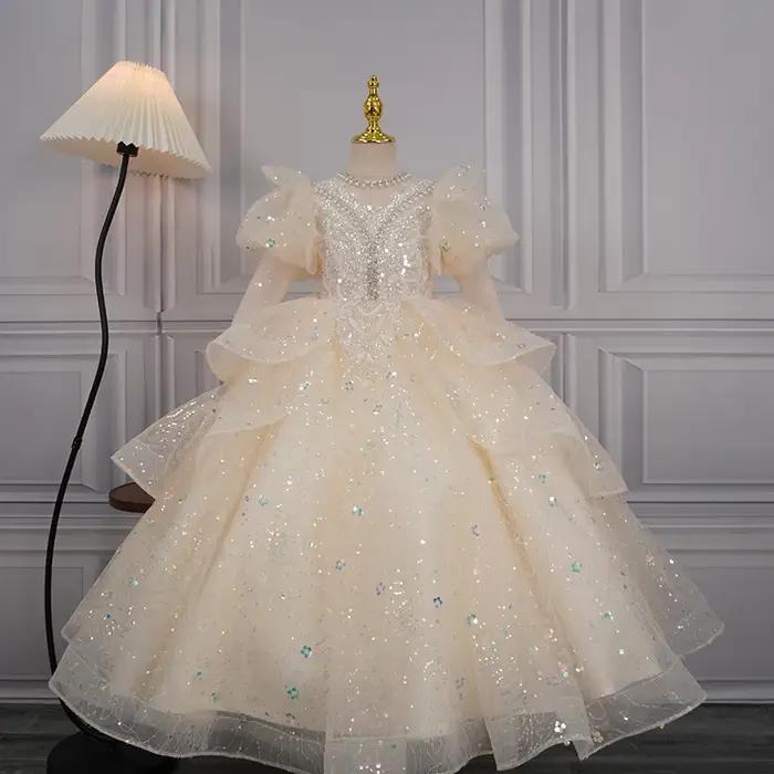 Robe de princesse à manches longues pour filles, robe de soirée d'anniversaire, à fleurs, robe de ma