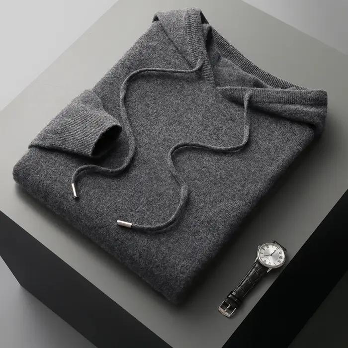 MVLYFLRT hommes 100% laine mérinos pull à capuche col tricoté pull sweat automne hiver décontracté g